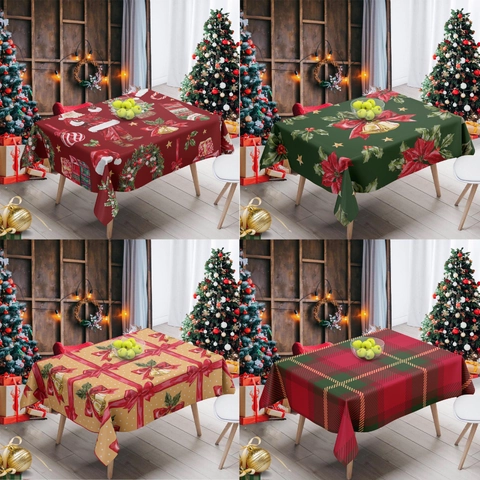 Christmas Rectangular Tablecloth Polyester Holiday Party Dining Table Cover Red Green Plaid Poinsettia Printed Decor