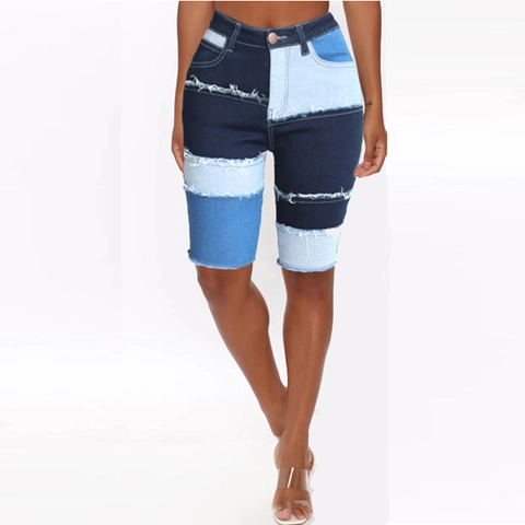 Bermuda In Denim Patchwork Vita Alta Orlo Sfilacciato Toni Multipli Blu Pantaloncini Al Ginocchio In Cotone