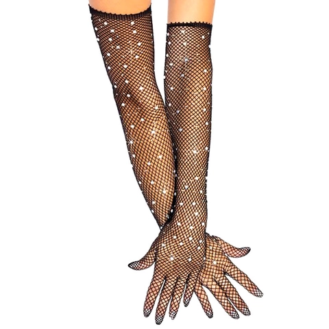 Long Fishnet Gloves Rhinestone Sparkly Mesh Over Elbow Arm Sleeves Sexy Party Clubwear Costume For Women