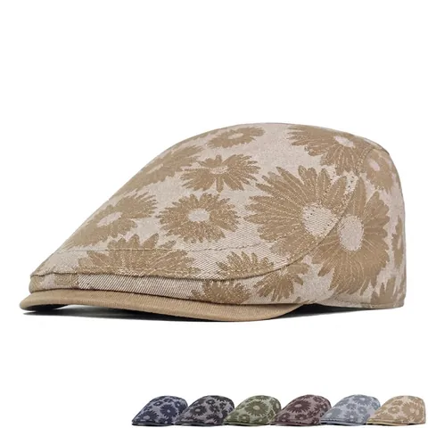 Gänseblümchen Jacquard Denim Flache Mütze Retro Newsboy Hat Für Damen Verstellbare Schnalle Atmungsaktives Casual Baskenmütze