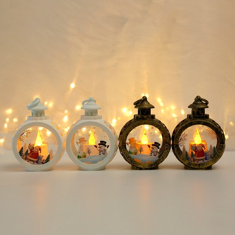 Christmas LED Lantern Night Light Hanging Vintage Plastic Glass Ornament Santa Claus Snowman Pattern Desktop Decor