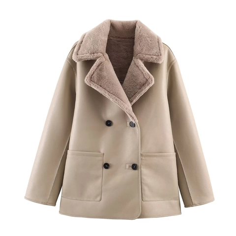 Women Reversible Faux Shearling Coat Double Breasted PU Leather Jacket Faux Lamb Wool Warm Winter Trench Mid-Length Outerwear