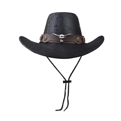 Vintage Western Cowboy Knight Hat Faux Leather Leaf Texture Large Brim Sun Hat With Metal Bull Head Decor And Adjustable Wind Rope