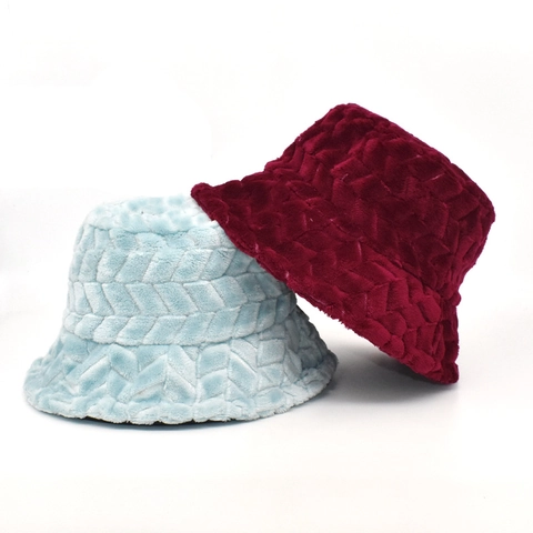 Sombrero De Pescador De Piel Sintética De Felpa Para Mujer Invierno Cálido Suave Textura Patrón Chevron Color Sólido Moda