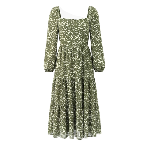 Women Polka Dot Print Maxi Dress Square Neck Long Puff Sleeve Smocked Tiered Cake Skirt Polyester Casual Elegant