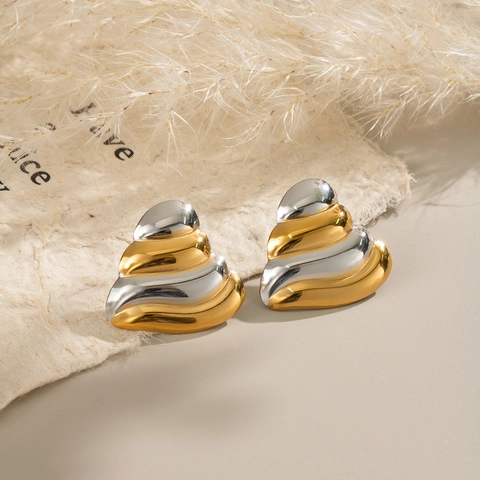 Two Tone Heart Shape Wave Textured Stud Earrings For Women Stainless Steel Gold Silver Color Block Earrings Jewelry