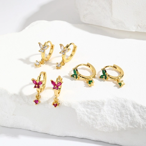 Boucles Oreilles Créoles Papillon Plaquées Or Laiton Zircon Coloré Design Animal Élégant Bijoux Pour Femmes