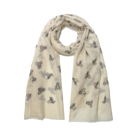 Bee Print Women Long Scarf Shawl Gold Glitter Lightweight Viscose Polyester Wrap Frayed Edges Elegant Fashion Accessory