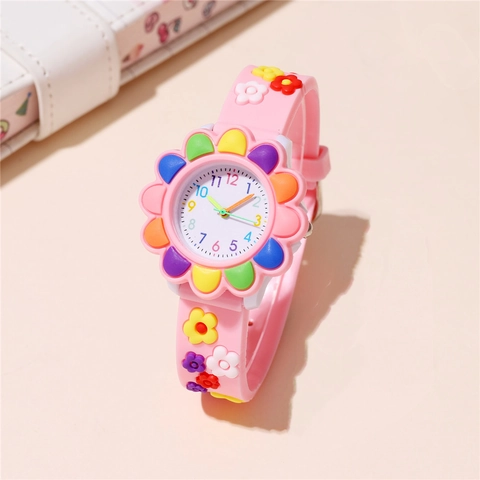 Kids Quartz Watch Sunflower Design Silicone Strap Colorful Arabic Numerals Cartoon Sweet Timepiece For Girls