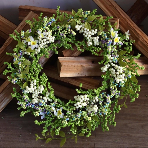 Ghirlanda Di Bacche Artificiali Foglie Verdi Bacche Viola Blu Bianche Primavera Decorazione Casa Porta Parete Rustico