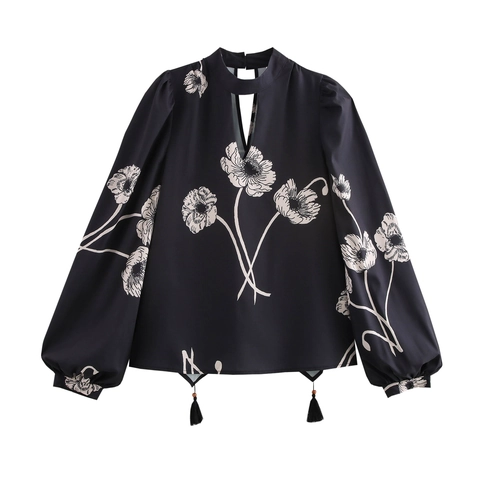 Dames Blouse Met Bloemenprint Polyester Lange Lantaarnmouwen Opengewerkt Kwastje Opstaande Kraag Retro Elegant Top
