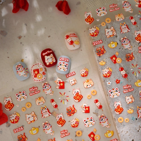3D Geprägte Neujahr Glückskatze Nagelkunst Aufkleber Rot Gold Relief Löwentanz Decals Festliche Maniküre Deko Für Damen