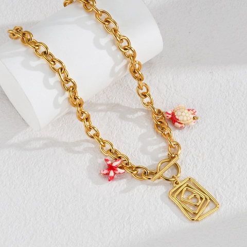 Starfish Turtle Pendant Necklace 18K Gold Plated Stainless Steel Geometric Spiral Toggle Clasp Trendy Streetwear Jewelry