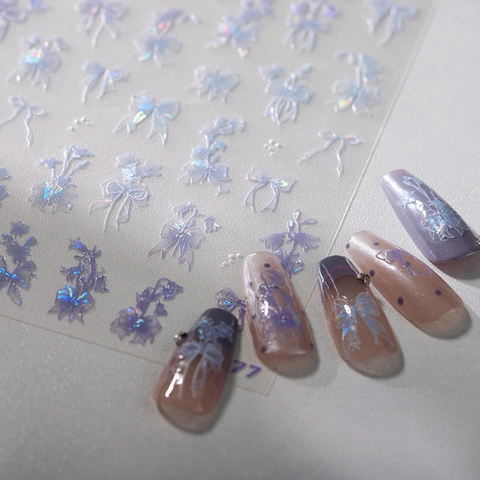 Adesivi Per Nail Art In Rilievo 5D Laser Olografico Fiocco Fiore Iridescente Autoadesivo Decorazione Manicure Kawaii