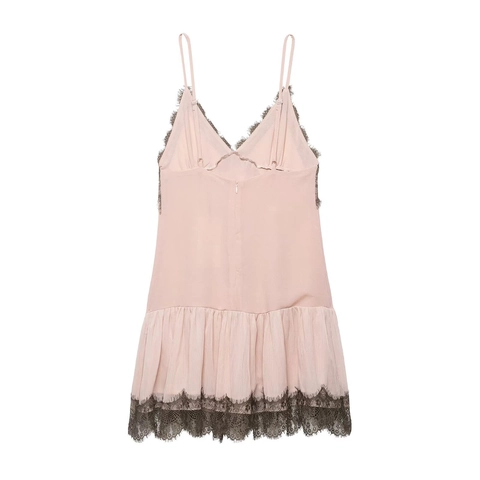Women Sexy Lace Patchwork Mini Dress Spaghetti Strap V Neck Sleeveless Pleated High Waist Sweet Pink Polyester
