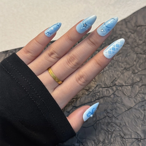 Uñas Postizas Almendra 3D Lazo Flor Degradado Azul Blanco Resina Cristal Perla Artificial Dulce Francés Elegante Decoración