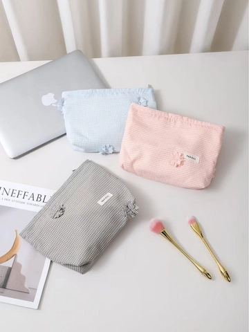 Trousse De Maquillage En Toile Gingham Organisateur De Soins De Peau Portable Pochette De Lavage Avec Décoration Florale