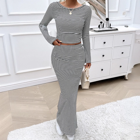 Damen Gestreiftes Crop Top Und Maxi Rock Y2K Rippstrick Langarm Hohe Taille Bodycon Lässige Streetwear