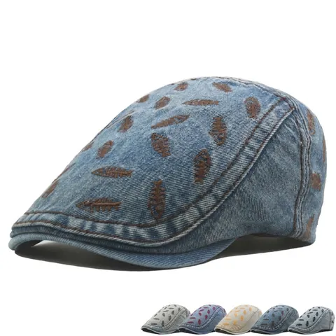 Newsboy Pet Gewassen Denim Katoen Visgraat Borduurwerk Retro Vintage Verstelbare Ivy Hoed Mode