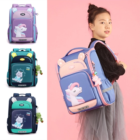 Kids School Backpack Nylon Waterproof Large Capacity Cartoon Unicorn Dinosaur Reflective Elementary Student Bag
