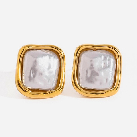 18K Vergoldete Edelstahl Künstliche Perlenohrringe Ring Vintage Quadratisch Geometrischer Schmuck Damen Wasserdicht Hypoallergen