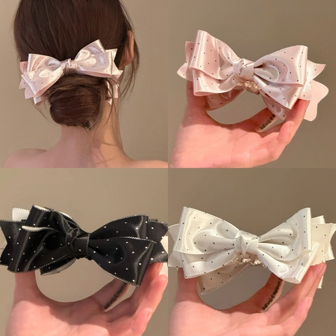 Polkadots Strik Haarclips Satijnen Stof Rhinestone Multi Layer Elegant Franse Stijl Voor Dames Retro Haaraccessoires
