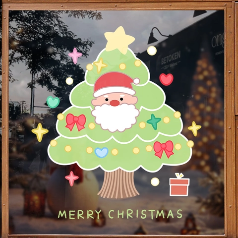 Christmas Window Stickers Static Cling PVC Double Sided Santa Claus Tree Stars Cartoon For Glass Showcase Home Decor