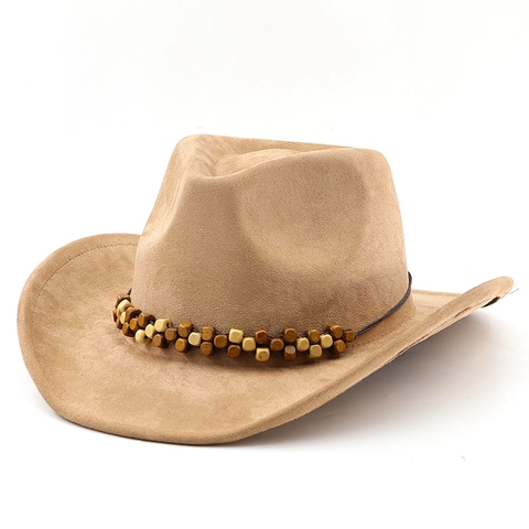 Western Cowboy Hat Faux Suede Wide Brim Vintage Fedora With Wooden Beads Decoration For Men Women Bohemian Style
