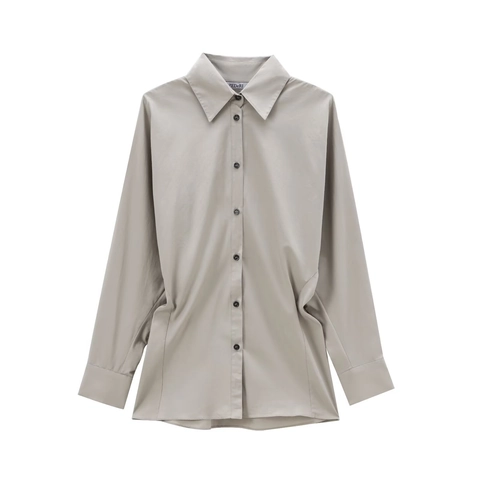 Chemisier Femme À Manches Longues Boutonné Col À Revers Couleur Unie Coton Polyester Haut Élégant