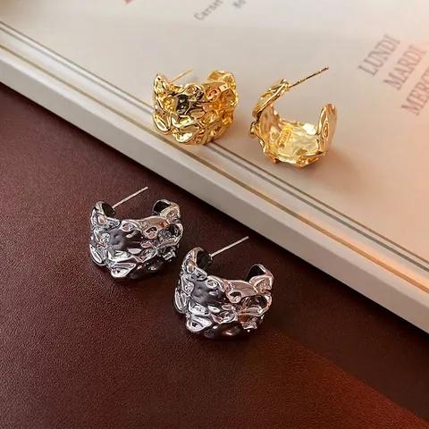 C-Shape Stud Earrings With 925 Sterling Silver Earring Post Irregular Folded Texture Geometric Copper Artistic For Women