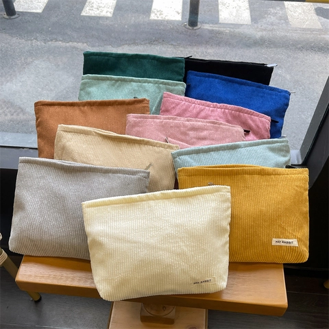 Corduroy Make-Uptas Grote Capaciteit Cosmetische Pouch Opbergtas Met Rits Street Fashion Travel Clutch Voor Vrouwen
