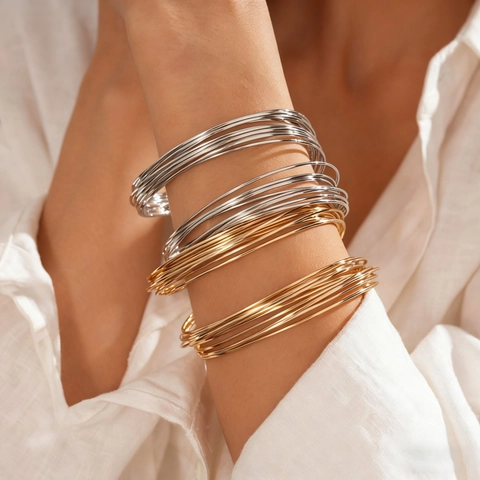 Minimalist Multi Layer Metal Wire Open Bangle Bracelet For Women Geometric Twisted Coiled Cuff Modern Chic Hand Jewelry