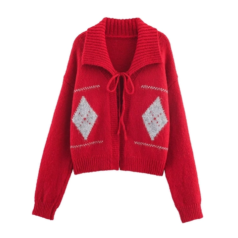 Cárdigan De Punto Argyle Vintage Para Mujer Cuello De Solapa Con Cordones Delanteros Manga Larga Poliéster Suéter Casual