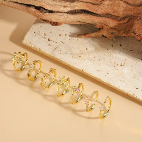Adjustable Rings Copper Cubic Zirconia Leaf Flower Crown French Retro Minimalist Elegant Jewelry For Women