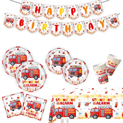 Brandweer Thema Verjaardagsfeest Servies Set Rode Cartoon Brandweerman Papieren Borden Servetten Bekers Tafelkleed Decoratie
