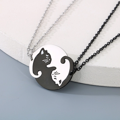 Collares Para Parejas De Acero Inoxidable Colgantes De Gato Yin Yang A Juego Joyería Simple Para Enamorados Y Mejores Amigos