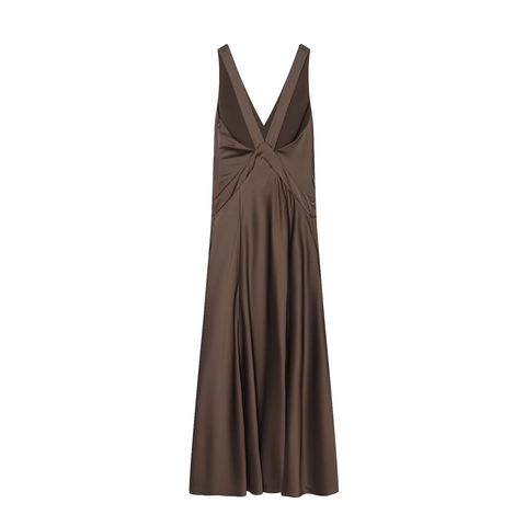 Vestito Maxi In Satina Da Donna Scollo A V Profondo Senza Maniche Schiena Scoperta Spalline Incrociate Sera Elegante Marrone Scuro