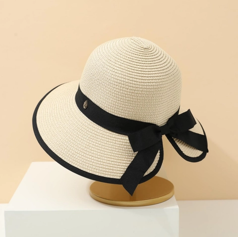 Women French Style Straw Sun Hat With Large Bowknot Wide Brim Elegant Foldable Beach Hat For Ponytail Summer