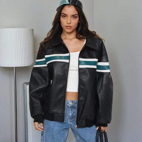 Giacca In Ecopelle Da Donna Stile American Street A Righe Retro Racing Cappotto Oversized PU Biker Zip Up Revers