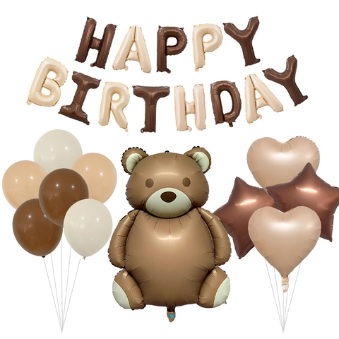 Matte Caramel Bear Happy Birthday Aluminum Foil Balloons Heart Star Latex Balloons For Birthday Party Room Decoration