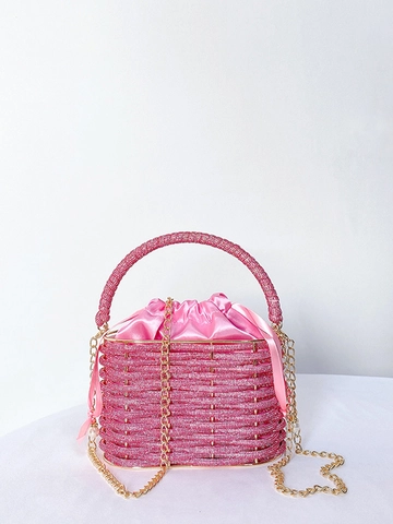 Sac De Soirée De Luxe Pour Femmes Avec Strass Perles Style Seau Pochette En Satin À Cordon Sac À Main De Fête Chaîne
