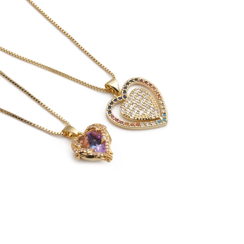 Elegant Heart Pendant Necklace Gold Plated Copper Colorful Zircon Rhinestone Minimalist Fashion Jewelry Gift For Women