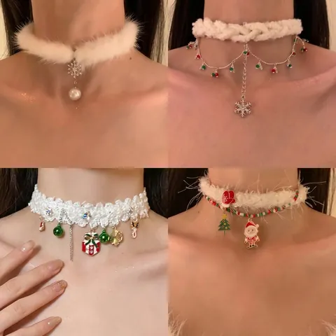 Christmas Choker Necklace Faux Fur Alloy Snowflake Zircon Faux Artificial Pearl Winter Party Elegant Accessory Women