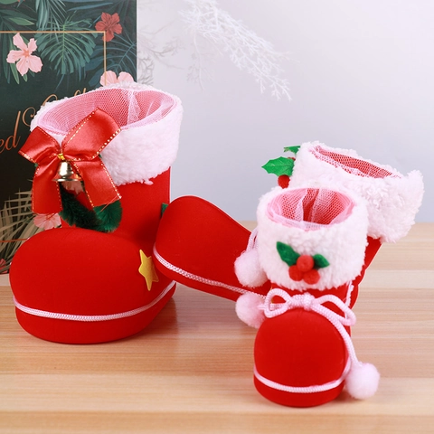 Bottes De Noël Sacs À Bonbons Boîte Cadeau Flocage Rouge Décoration De Table De Fête Bordure Fausse Fourrure Nœud Cloche