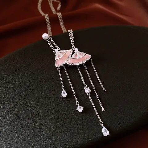 Collana Con Ciondolo A Ventaglio In Zircone Rame Smalto Rosa Nappa Frangia Perla Artificial Bianca Catena Gioielli Eleganti Donna