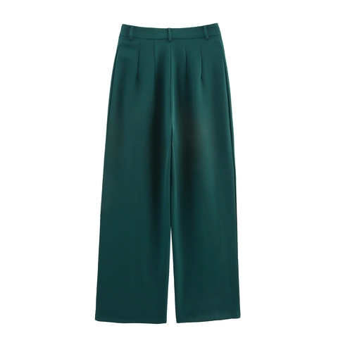 Pantaloni Da Completo Donna Gamba Dritta Verde Scuro Poliestere Vita Media Elegante Ufficio Lavoro Formale Zip Bottone