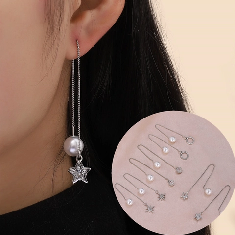 Pendientes de Hilo Largo de Aleación con Perlas Artificiales Estilo Coreano para Mujer Color Plata Strass Estrella Joyas Geométricas