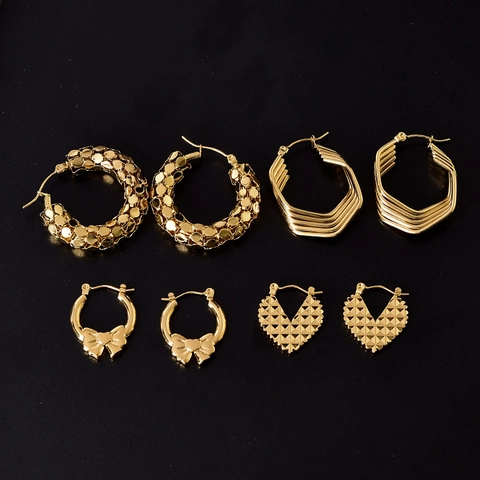 Gold Plated Titanium Steel Hoop Earrings Geometric Heart Bowknot Textured Luxury Fashion Jewelry For Women