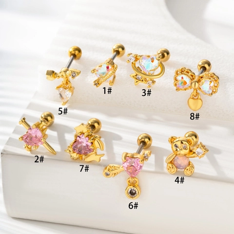 Pendientes de Acero Inoxidable Cobre Strass para Cartílago Corazón Oso Lazo Joyas de Piercing Helix Tragus con Cierre de Rosca para Mujer