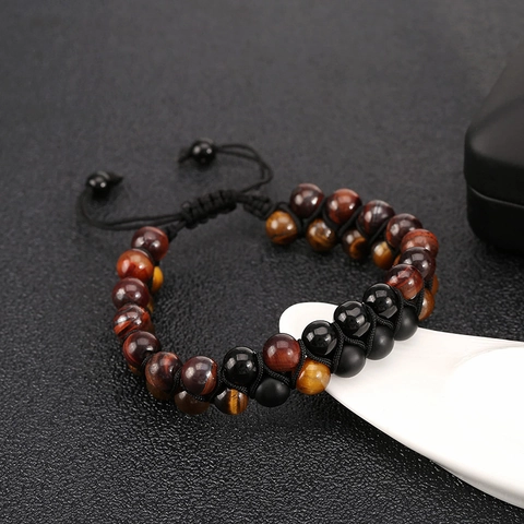 Double Layer Beaded Bracelet Tiger Eye Natural Stone Adjustable Braided Rope Matte Beads Handmade Jewelry Gift Men